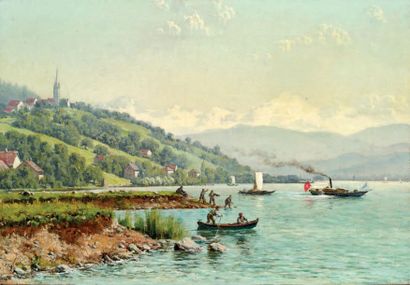 William Baptiste BAIRD (1847-1917) 
Personnages sur barque Huile sur toile signée...