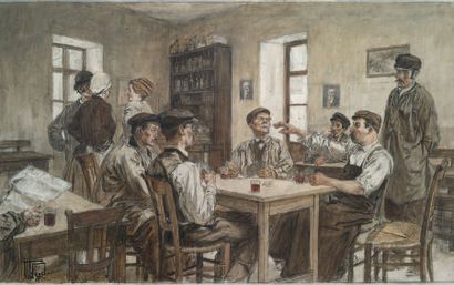 M.VOGEL (actif au XIXe) 
Au café, circa 1900
Peinture, encre et crayon sur carton
Signée...