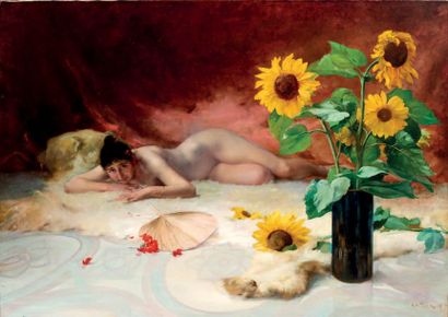Louis Adolphe TESSIER (1858-1915) 
Femme aux tournesols, 1899
Huile sur toile signée...