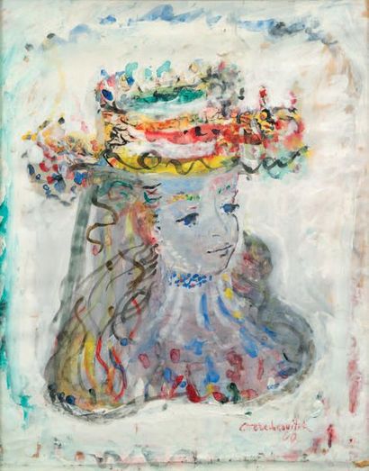 Constantin TERECHKOVITCH (1902-1978) 
Femme au chapeau fleuri, 1960
Gouache, signée...