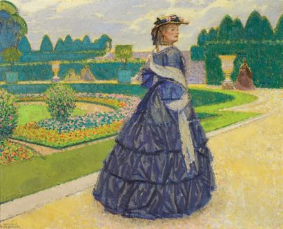 Bernard BOUTET DE MONVEL (1881-1949) 
Elegante dans les jardins de Versailles, circa...