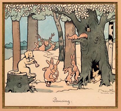 Benjamin RABIER (1869-1939) 
Dancing: animaux dans un sous-bois
Aquarelle et encre...