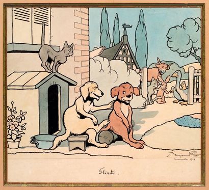 Benjamin RABIER (1869-1939) 
Flirt: animaux dans une basse-cour
Aquarelle et encre...