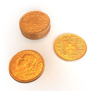 null Ensemble de sept pièces en or, 20 francs suisse.