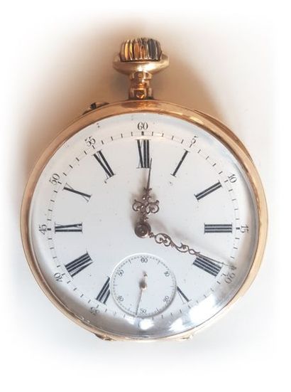 null Pocket watch in 750-thousandths yellow gold, plain back, white enamelled dial,...