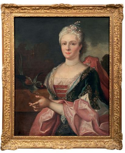 ECOLE FRANÇAISE, vers 1760 
Femme au perroquet Toile 78 x 63 cm
Accidents, resta...