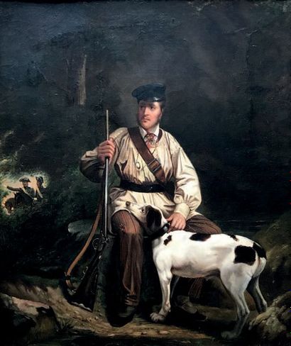 Ecole FRANCAISE, XIXème siècle 
Chasseur et son chien, 1853
Huile sur toile, signée...