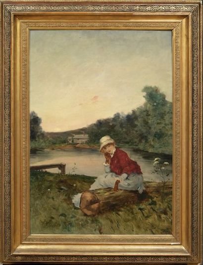 Edouard RIOU (1833-1900) 
Élégante au bord d'une rivière, 1891
Huile sur toile Signée...