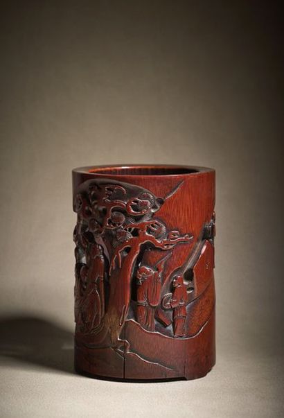 CHINE - XVIIIe/XIXe siècle ◆ Porte-pinceaux (bitong) de forme cylindrique en bambou...
