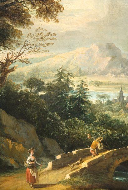 École FRANÇAISE de la fin du XVIIIème siècle « couple passant un pont », toile 89...