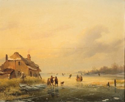 Attribué à Carl Friedrich SEIFFERT (1809 - 1891) Patineurs sur un lac Panneau de...
