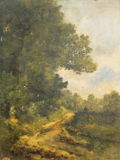 Léon RICHET (Solesmes 1847 - Fontainebleau 1907) Chemin en sous bois Panneau. 35,5...