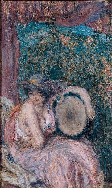 Edmond AMAN-JEAN (1858-1936) Le modèle au chapeau Huile sur toile. Signée en haut...