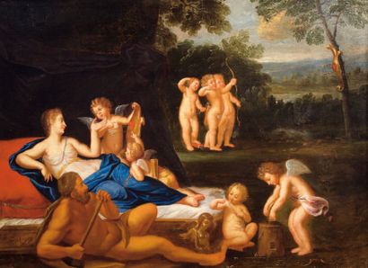 Ecole française du XVIIème, suiveur de l'ALBANE « La toilette de Vénus », toile 61...