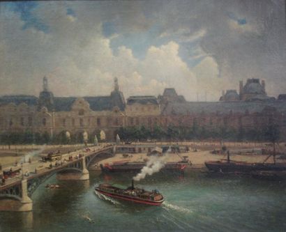 ECOLE FRANCAISE DU XIXème siècle « vue du Louvre au pont du Carrousel », huile sur...