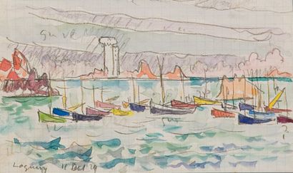 Paul SIGNAC (1863-1935) "Barques à Loquery, 1929", aquarelle, signée en bas à gauche,...