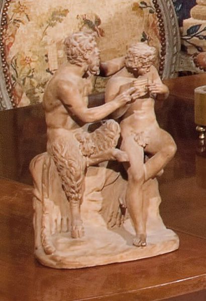 null Groupe en terre cuite « Pan et Apollon », XIXème siècle H 32 cm (restaurati...