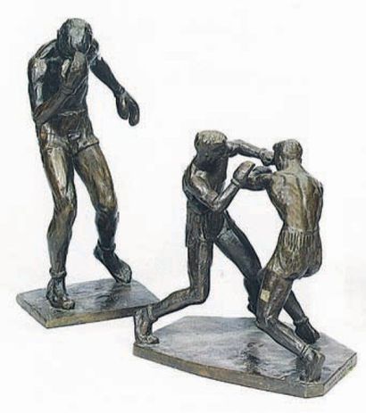 Joe BROWN (1909-1985) "Boxeurs" Deux sujets en bronze à patine brune, signés. H 30,5...