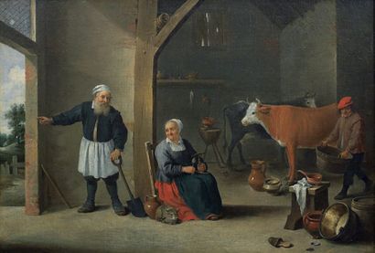 Ecole FLAMANDE du XVIIème siècle, atelier de David TENIERS La fileuse et les fermiers...