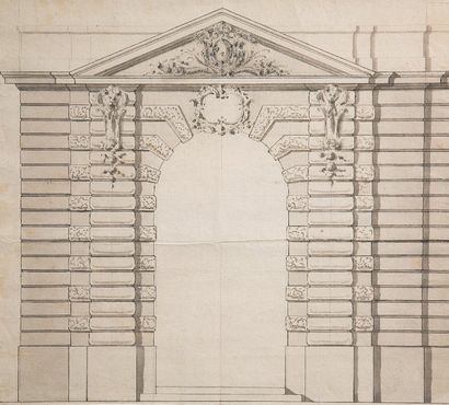 Attribué à Jacques GABRIEL (1667 - 1742) Elévation de porte surmontée d'un fronton...