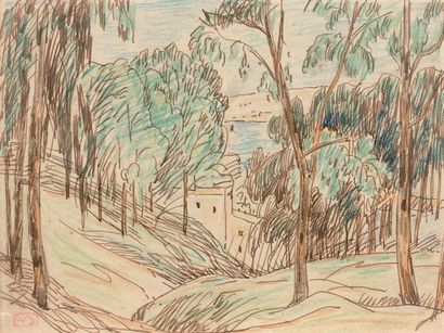 Adolphe Marie BEAUFRERE (1876-1960) 
La villa dans les arbres
Dessin aux crayons...
