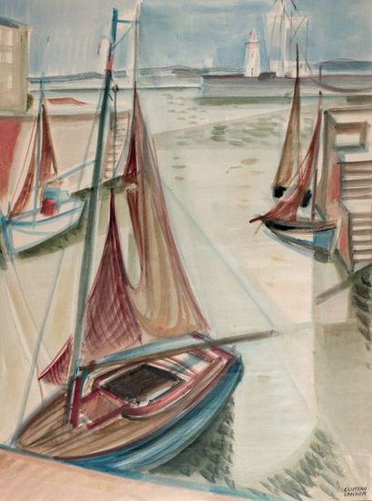 JEAN CLUSEAU-LANOVE (1914-1997) 
Bateaux au port, circa 1950
Dessin à l'aquarelle...