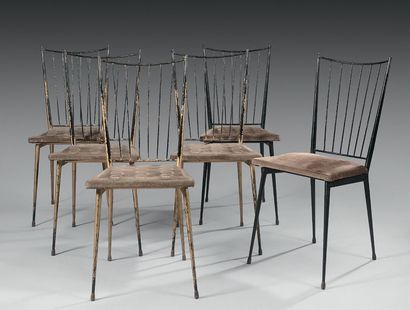 Colette GUEDEN (1905-2000) 
Suite de six chaises en fer doré (pour quatre) et laqué...