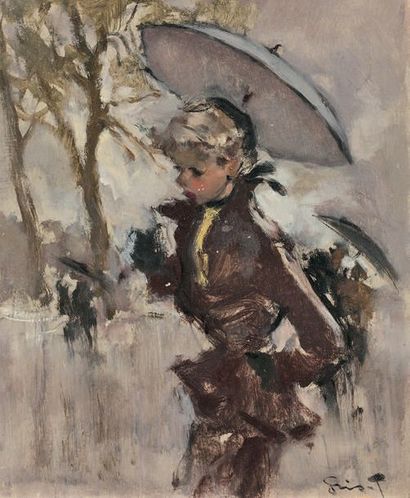 Pierre GRISOT (1911-1995) Elegant Parisian in the rain, circa 1950
Oil on panel,...