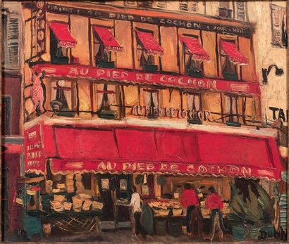 DUBLY Le restaurant "Au Pied de Cochon", circa 1950
Huile sur toile, signée en bas...