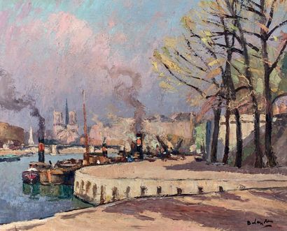 Gaston BALANDE (1880-1971) La Seine à l'écluse du Bassin de l'Arsenal, au loin Notre-Dame
Huile...