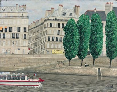 SOPHIE SIROT (née en 1950) Vedette sur la Seine, l'île Saint-Louis
Huile sur carton...