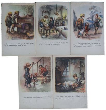 POULBOT (Francisque) (1879-1946) Cinq cartes postales, figurant des scènes de vie...