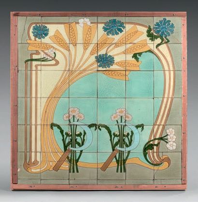 null PAIR OF DECORATIVE BAKERY TILE COMPOSITIONS.
Enamelled ceramic, featuring sickle...