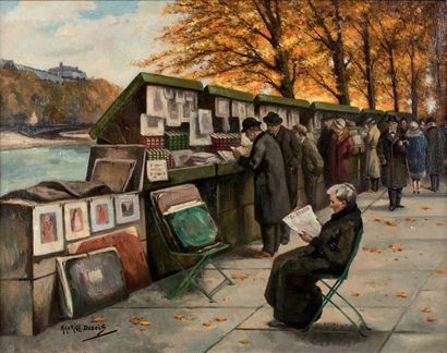 Maurice DUBOIS (1869-1944) Les bouquinistes, quai Voltaire, l'ancien pont du Carrousel,...