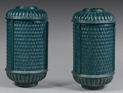 null PAIR OF PARISIAN
PUBLIC BINDS Cast iron painted green, cylindrical in shape,...