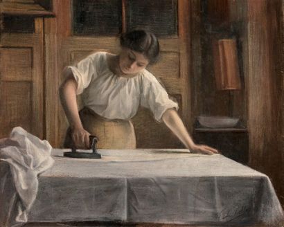 ÉCOLE FRANÇAISE, circa 1890 La repasseuse
Pastel sur toile, signé en bas à droite...