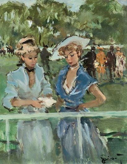 Pierre GRISOT (1911-1995) Two elegant Parisian women at the racetrack, circa 1950...