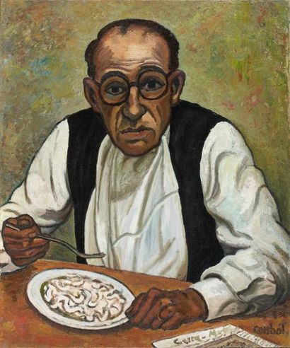 Marcel COMBOT (1913 - 2005) Le mangeur de pâtes Huile sur toile signée en bas à droite...