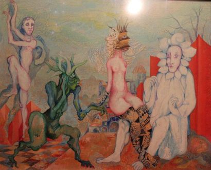 JACQUES BOÉRI (1929-2004) * Deux femmes-poissons et femme-fleur dans un paysage
Dessin...