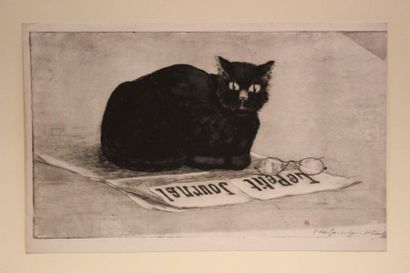 Henri Charles GUERARD (1846-1897) 
Chat noir sur un journal. 1887
Eau-forte et pointe...