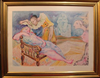 JACQUES BOÉRI (1929-2004) * Rêveuse, Pierrot et le Sphinx
Dessin à l'aquarelle, rehauts...