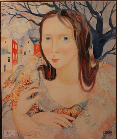 JACQUES BOÉRI (1929-2004) *Femme à l'oiseau
Acrylique sur toile signée en bas à droite.
46...