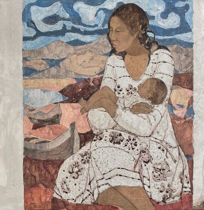 JACQUES BOÉRI (1929-2004) *Mère portant son enfant, 1968
Acrylique sur toile signée...