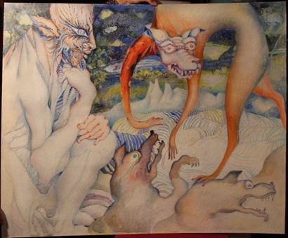 JACQUES BOÉRI (1929-2004) *Wildlife, naked woman and demon
Watercolor and pencil...