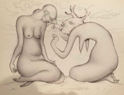 JACQUES BOÉRI (1929-2004) * Important meeting of drawings :. Man-deer and woman
Ink...