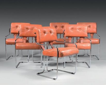 FALESCHINI SUITE OF SIX FALLS Chrome-plated steel structure, seat and backrest upholstered...