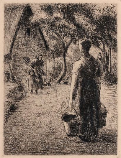 Camille PISSARRO (1830-1903) 
Peasant woman carrying buckets. 1889
Etching and aquatint...