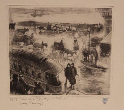 Camille PISSARRO (1830-1903) 
Place de la République à Rouen (avec tramway). 1886
Eau-forte,...