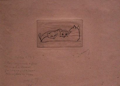 André DERAIN (1880-1954) 
Trois Chats. 1920
Burin sur papier teinté rose. Épreuve...