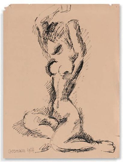 Marcel GROMAIRE (1892-1971) 
Nu féminin assis aux bras levés, 1924
Dessin à l'encre,...